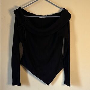 Off-Shoulder Black Ribbed Long-Sleeve Top